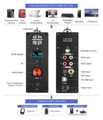 AIYIMA Audio T8 Tube Vacuum HiFi Bluetooth Headphone Amplifier