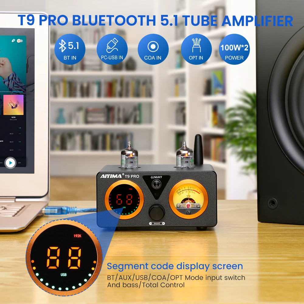 AIYIMA T9 PRO HiFi Bluetooth Tube Amplifier 2x100W