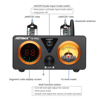 AIYIMA T9 PRO HiFi Bluetooth Tube Amplifier 2x100W